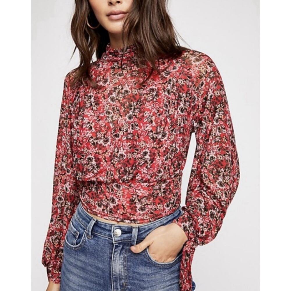 Free People Boho Chic Floral Mesh Top Sz Large Bishop Sleeve Romantic Feminine